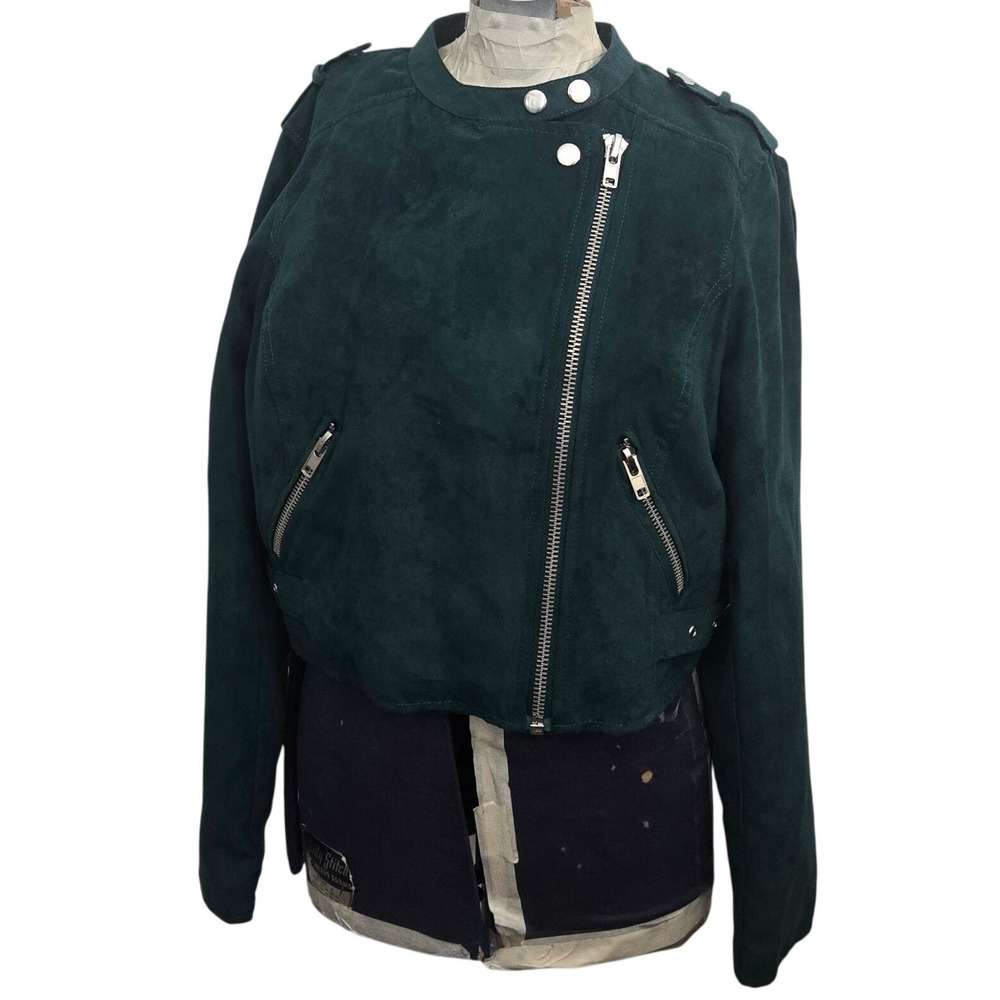 Bar III Moto Jacket Womens MEmerald Green Faux Suede Biker Asymmetrical Zip‎